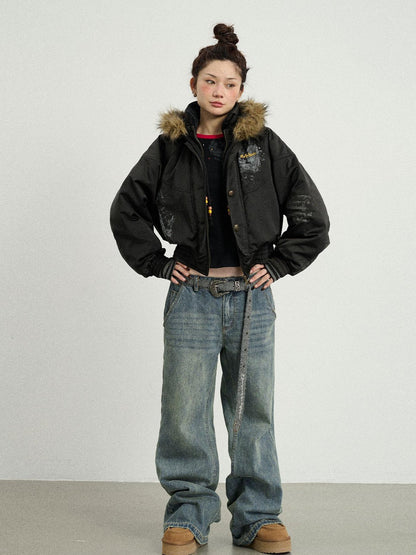 Achihara Vintage Wide Leg Denim Trousers With Retro Wash