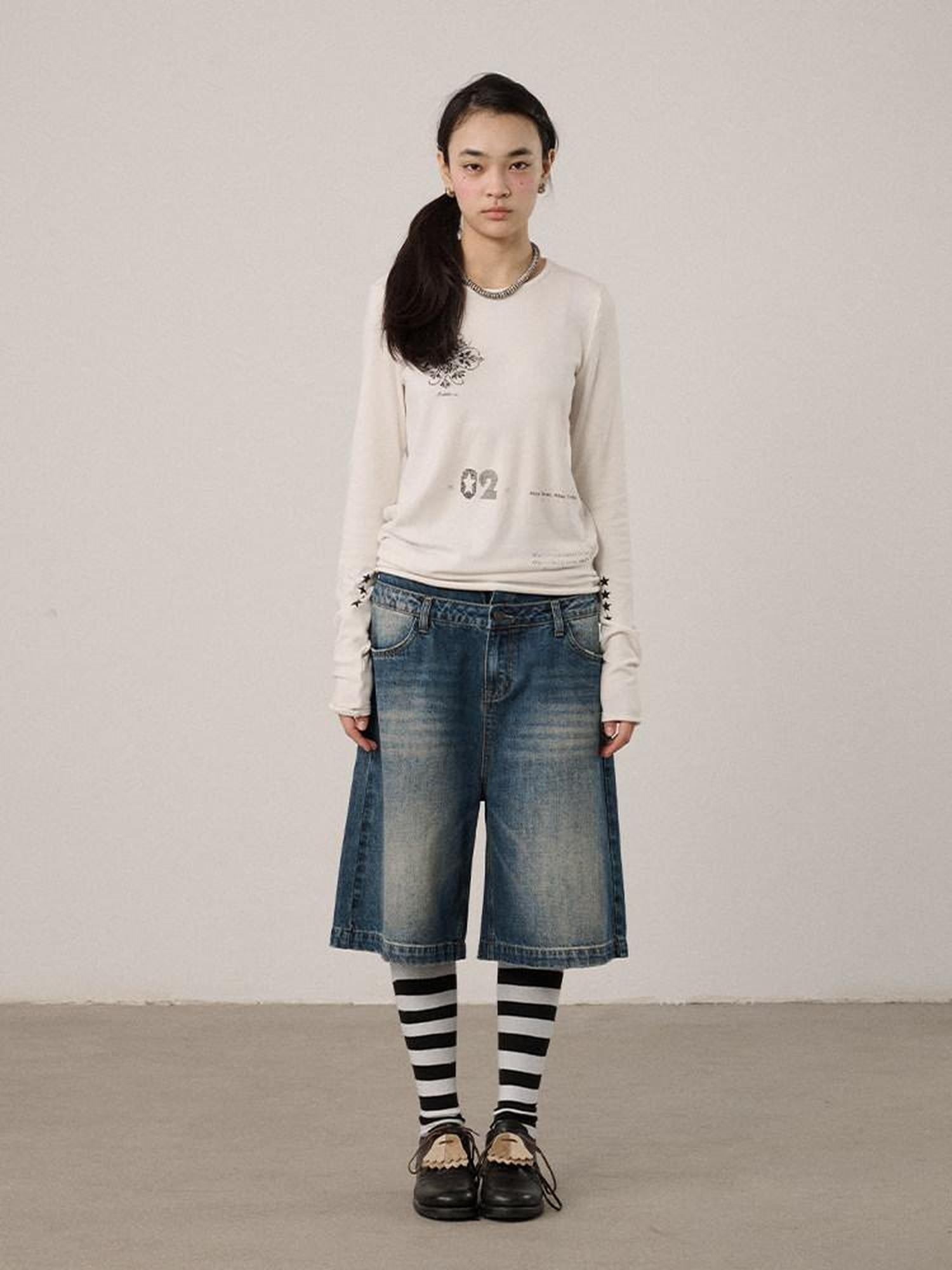 Achihara Viscose Blend Casual Loose Fit Long Sleeve Women Letter Off White T-Shirt