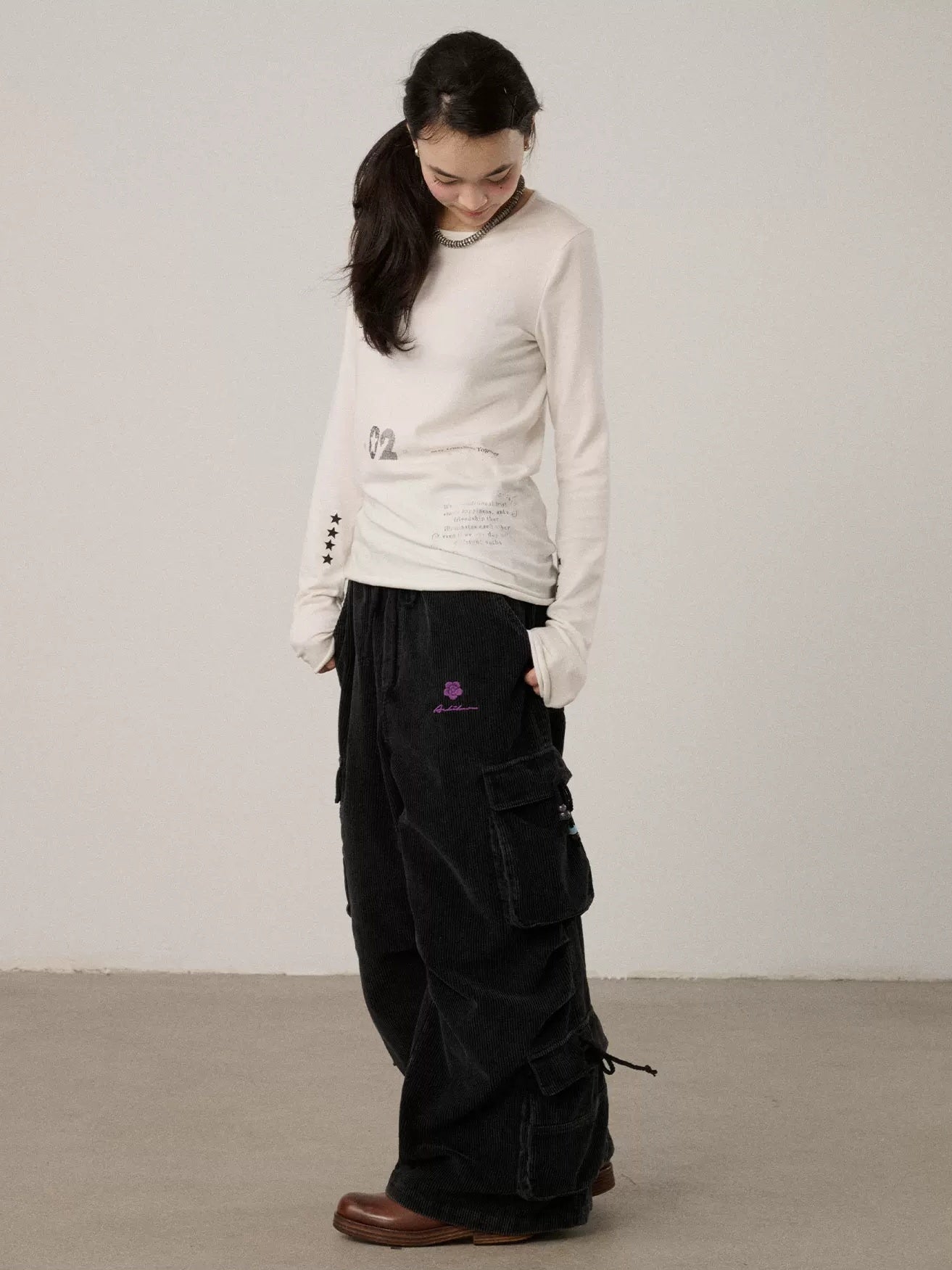 Achihara Viscose Blend Casual Loose Fit Long Sleeve Women Letter Off White T-Shirt