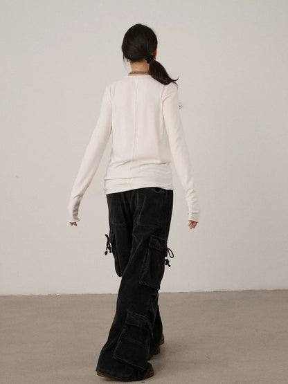 Achihara Viscose Blend Casual Loose Fit Long Sleeve Women Letter Off White T-Shirt