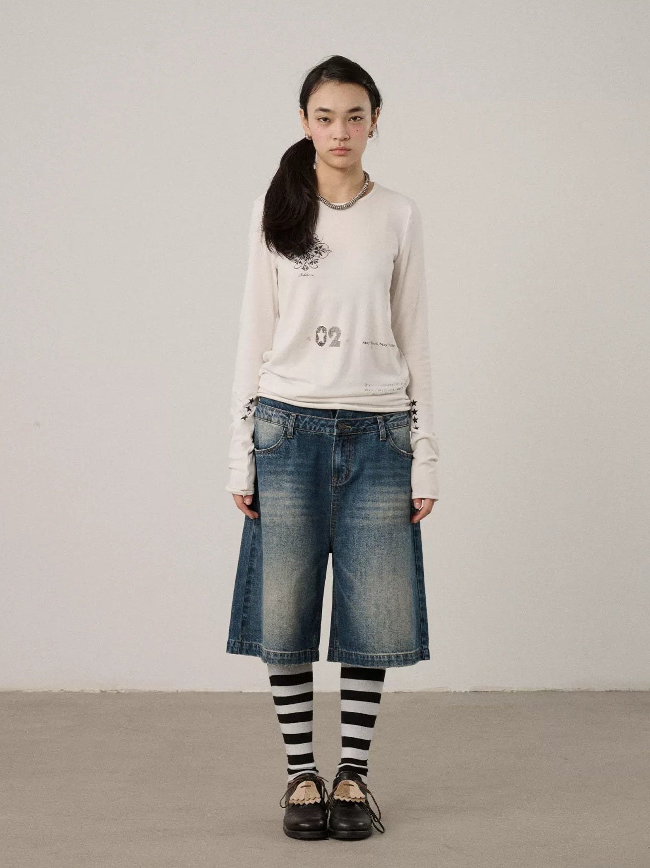 Achihara Viscose Blend Casual Loose Fit Long Sleeve Women Letter Off White T-Shirt