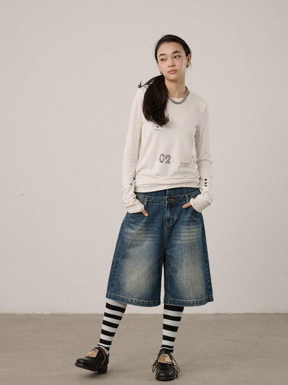 Achihara Viscose Blend Casual Loose Fit Long Sleeve Women Letter Off White T-Shirt