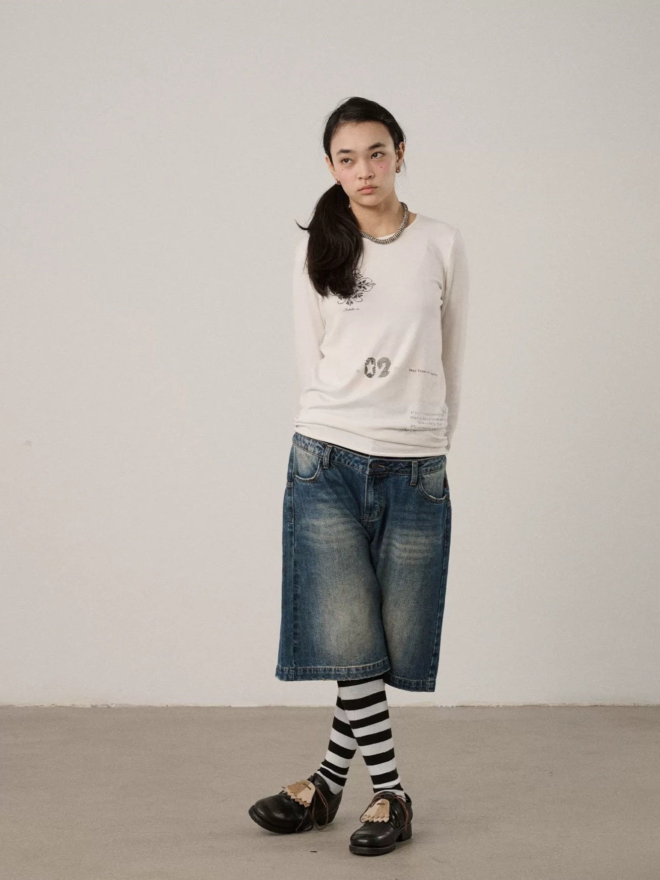 Achihara Viscose Blend Casual Loose Fit Long Sleeve Women Letter Off White T-Shirt