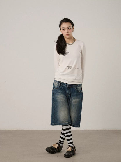 Achihara Viscose Blend Casual Loose Fit Long Sleeve Women Letter Off White T-Shirt