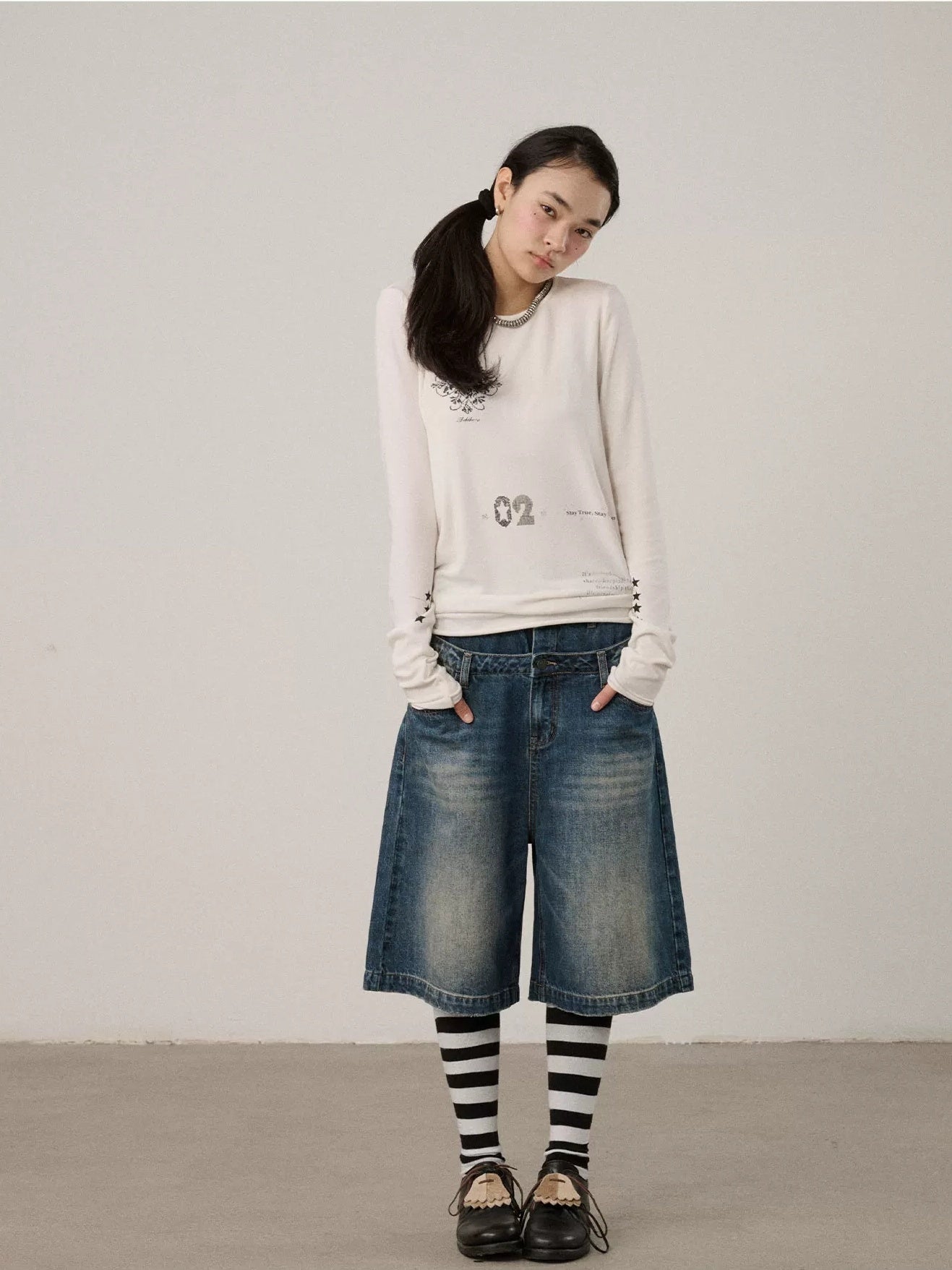 Achihara Viscose Blend Casual Loose Fit Long Sleeve Women Letter Off White T-Shirt