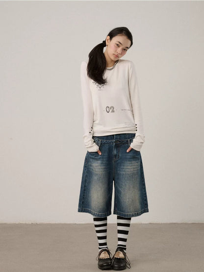 Achihara Viscose Blend Casual Loose Fit Long Sleeve Women Letter Off White T-Shirt