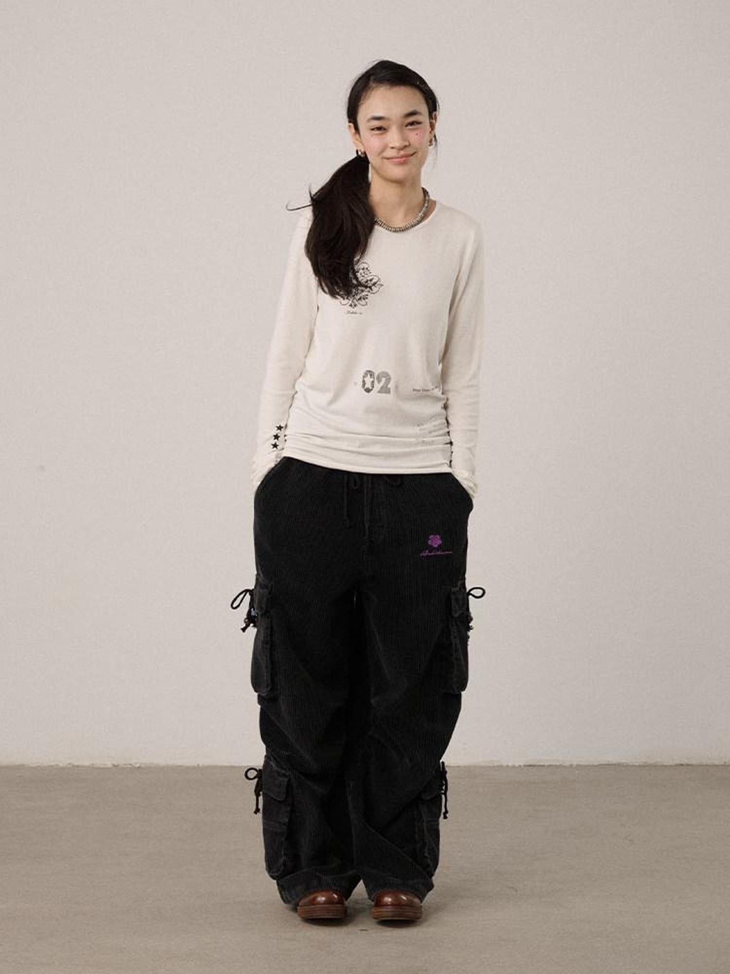 Achihara Viscose Blend Casual Loose Fit Long Sleeve Women Letter Off White T-Shirt