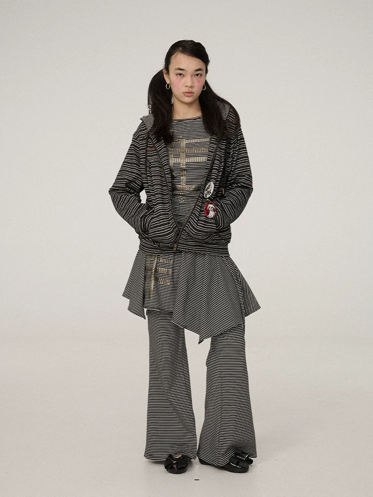 Achihara Viscose Blend Knit Commuter Straight Fit Hooded Zip Women Striped Hoodies-2