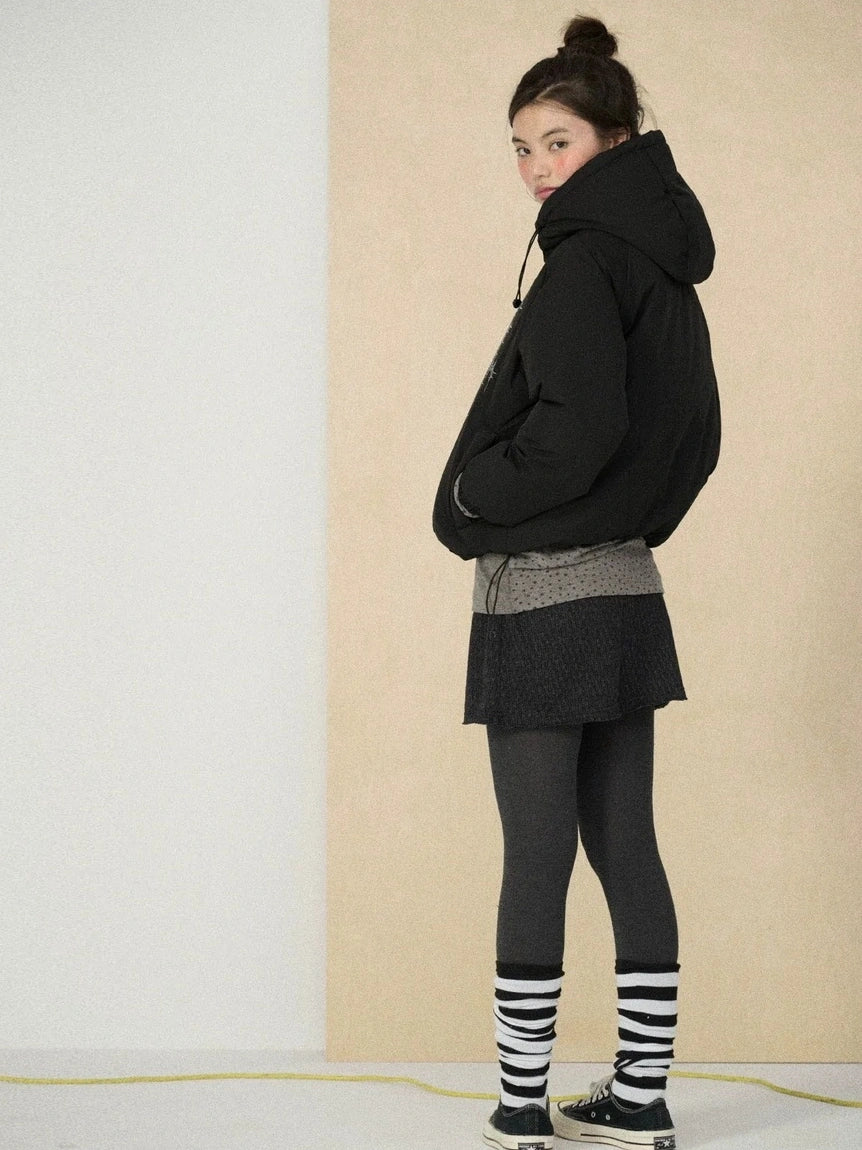 Achihara Warm 79 Percent Down Fill Fixed Hood Zip Up Striped Puffer Women Down Jacket