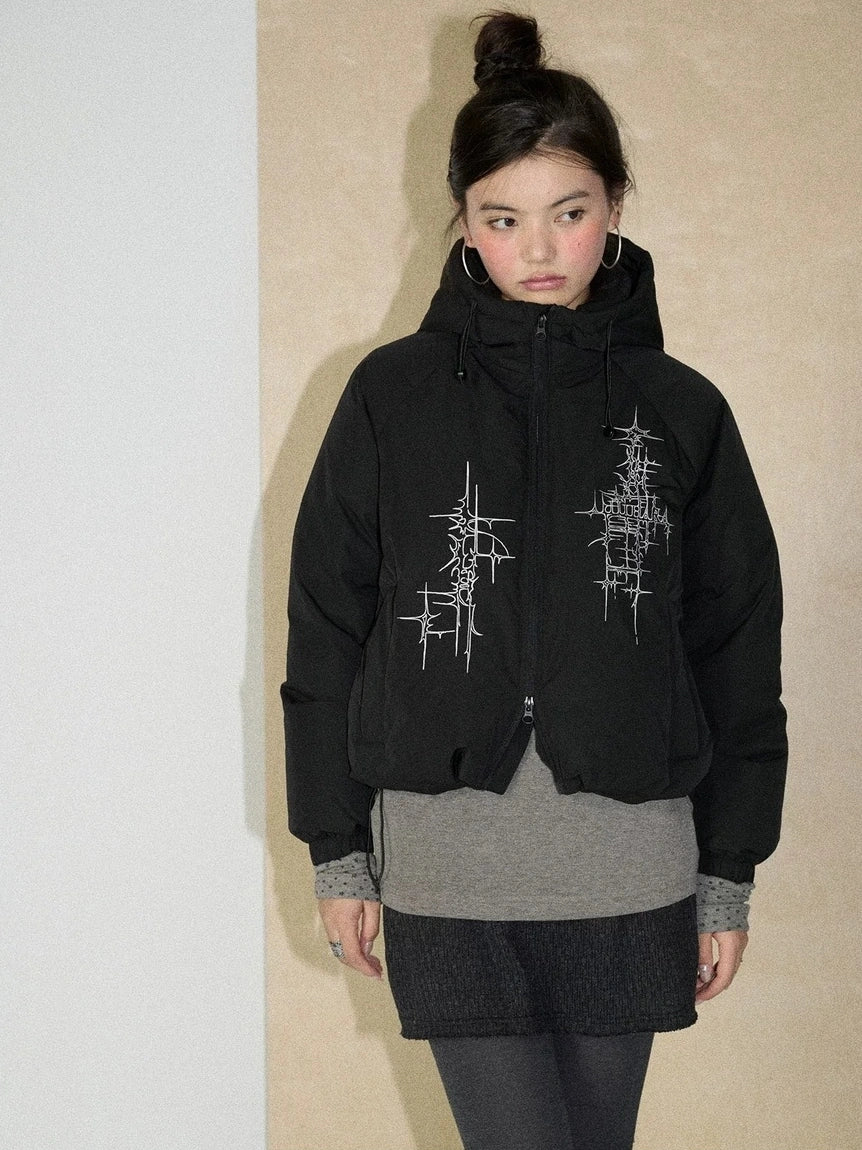 Achihara Warm 79 Percent Down Fill Fixed Hood Zip Up Striped Puffer Women Down Jacket