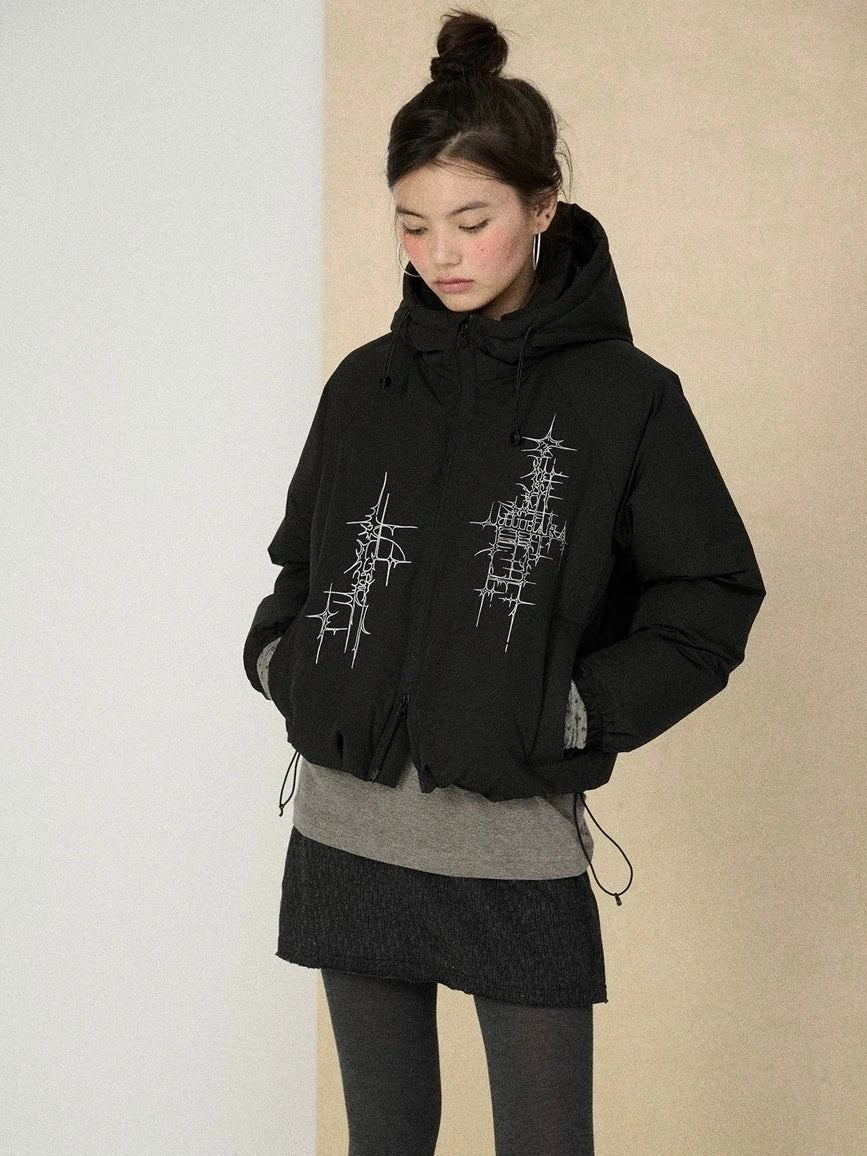 Achihara Warm 79 Percent Down Fill Fixed Hood Zip Up Striped Puffer Women Down Jacket