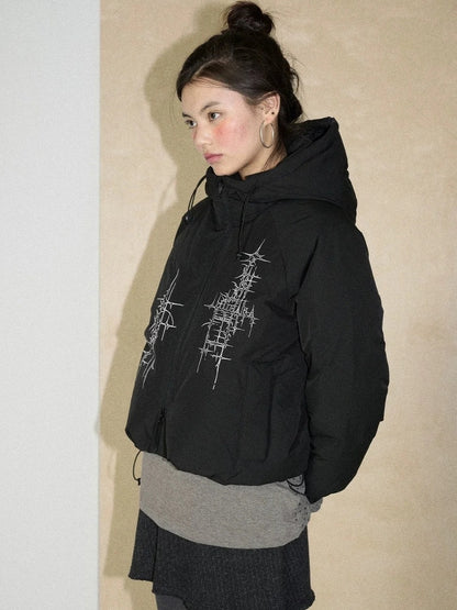 Achihara Warm 79 Percent Down Fill Fixed Hood Zip Up Striped Puffer Women Down Jacket