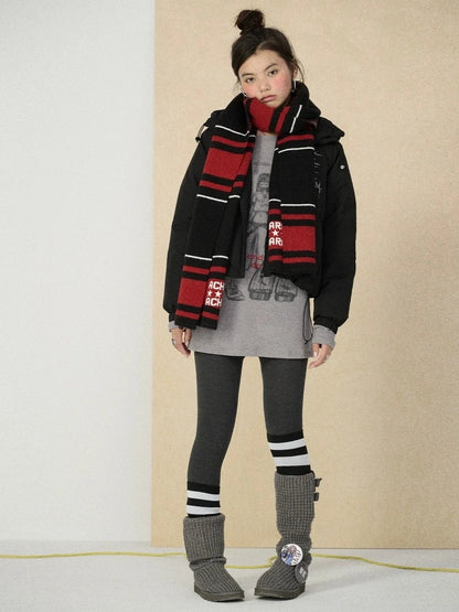 Achihara Warm 79 Percent Down Fill Fixed Hood Zip Up Striped Puffer Women Down Jacket