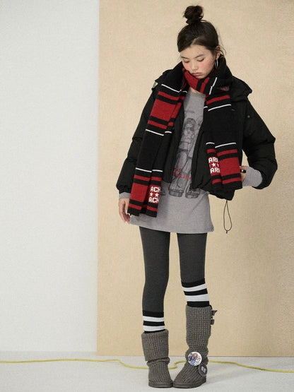 Achihara Warm 79 Percent Down Fill Fixed Hood Zip Up Striped Puffer Women Down Jacket