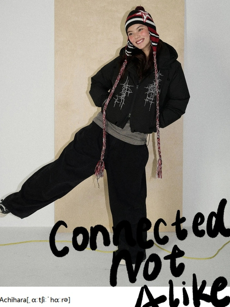 Achihara Warm 79 Percent Down Fill Fixed Hood Zip Up Striped Puffer Women Down Jacket