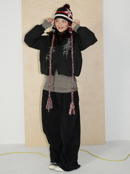 Achihara Warm 79 Percent Down Fill Fixed Hood Zip Up Striped Puffer Women Down Jacket