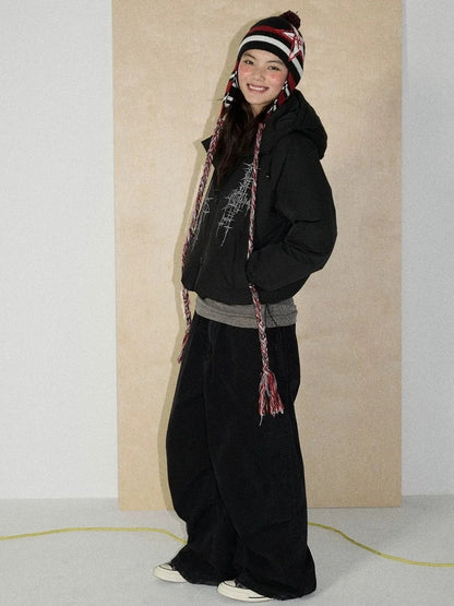 Achihara Warm 79 Percent Down Fill Fixed Hood Zip Up Striped Puffer Women Down Jacket