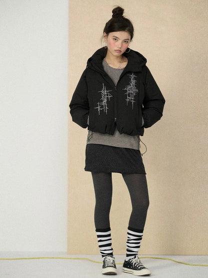 Achihara Warm 79 Percent Down Fill Fixed Hood Zip Up Striped Puffer Women Down Jacket