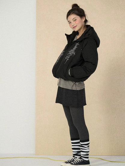 Achihara Warm 79 Percent Down Fill Fixed Hood Zip Up Striped Puffer Women Down Jacket