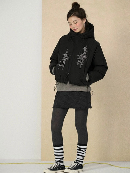 Achihara Warm 79 Percent Down Fill Fixed Hood Zip Up Striped Puffer Women Down Jacket