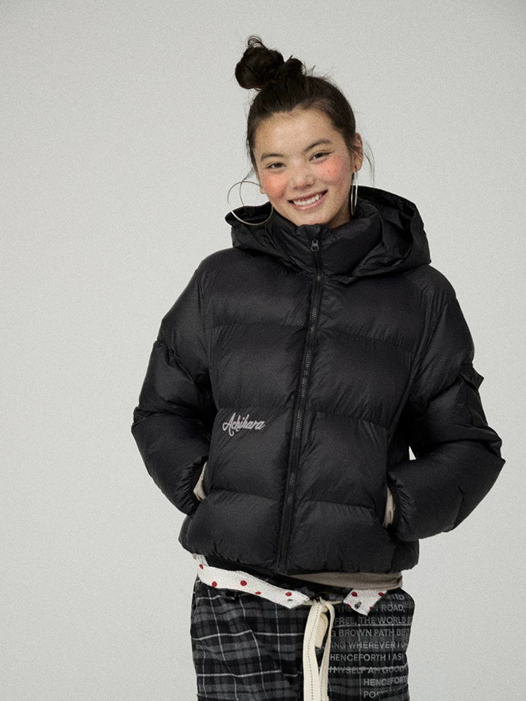 Achihara Warm Hooded Cropped Straight Fit Zip Up Solid Women Outerwear Puffer Jacket-4