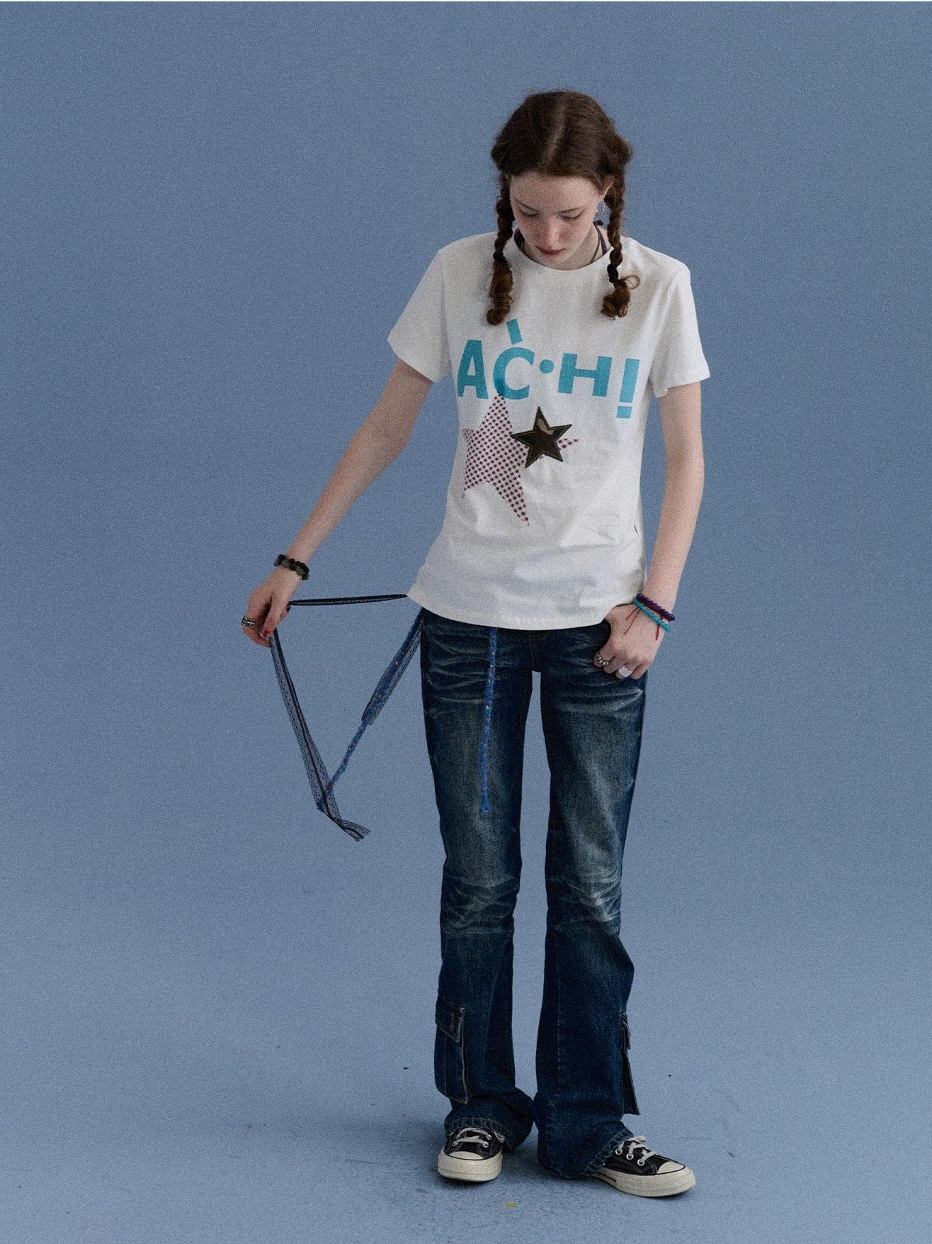 Achihara Washed Blue Distressed Low Rise Micro Flare Women&