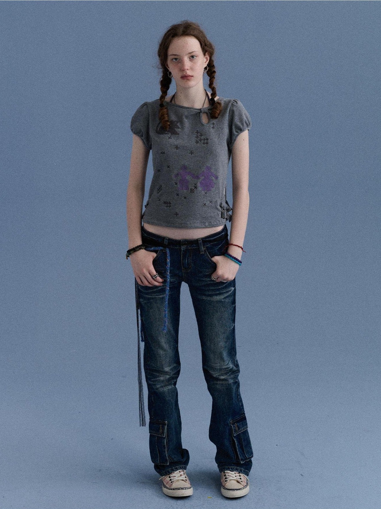 Achihara Washed Blue Distressed Low Rise Micro Flare Women&