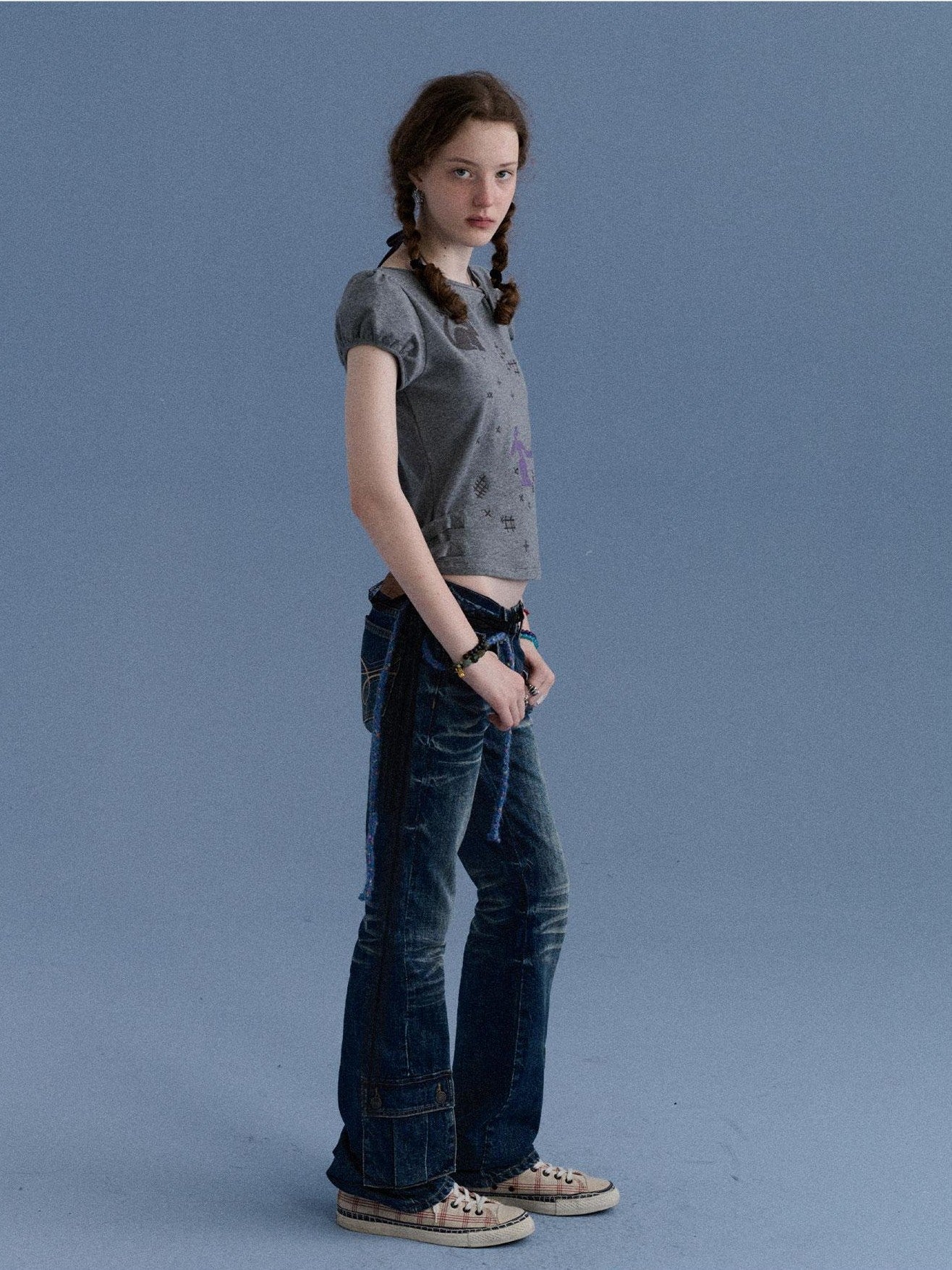 Achihara Washed Blue Distressed Low Rise Micro Flare Women&
