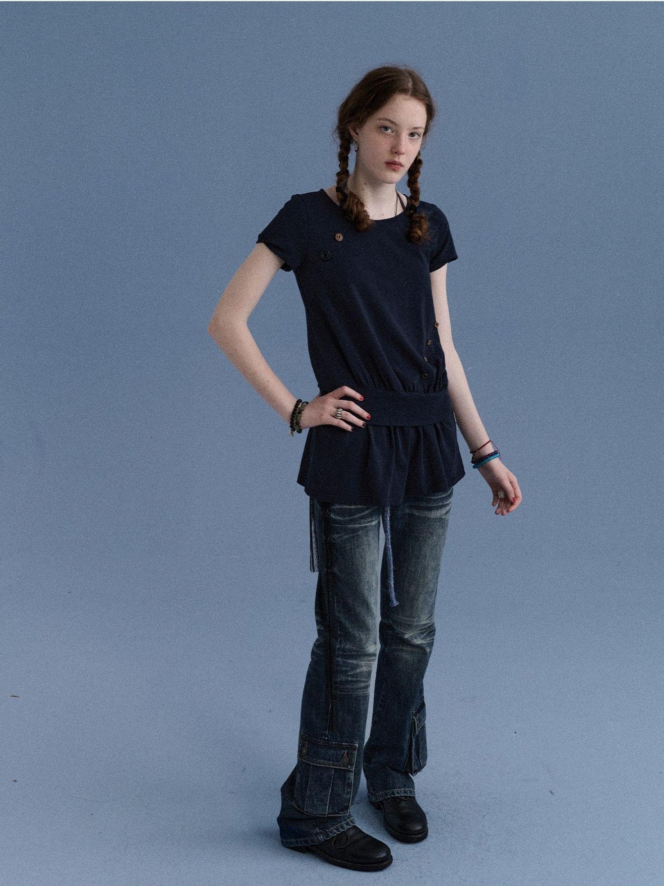 Achihara Washed Blue Distressed Low Rise Micro Flare Women&