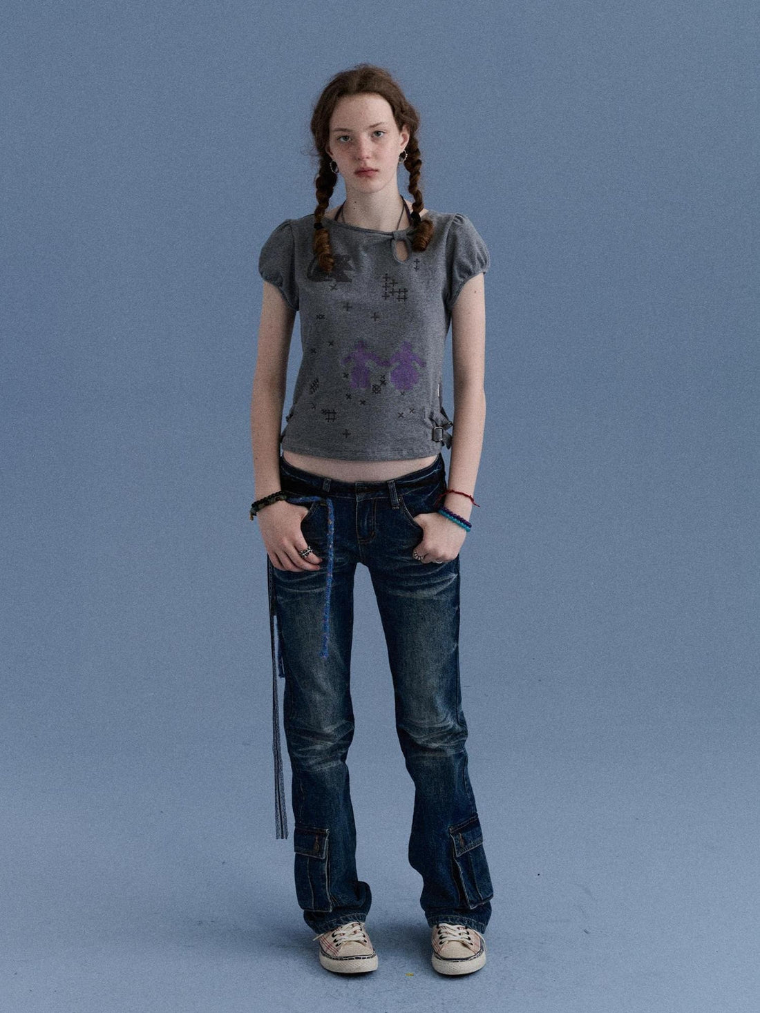 Achihara Washed Blue Distressed Low Rise Micro Flare Women&