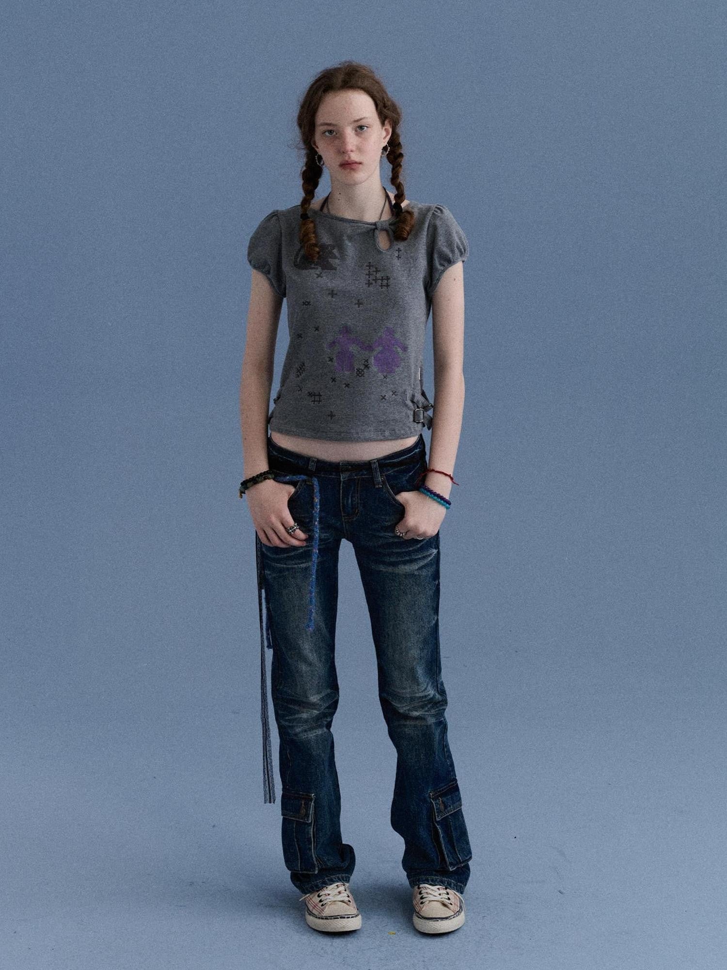 Achihara Washed Blue Distressed Low Rise Micro Flare Women&