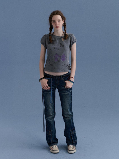 Achihara Washed Blue Distressed Low Rise Micro Flare Women&