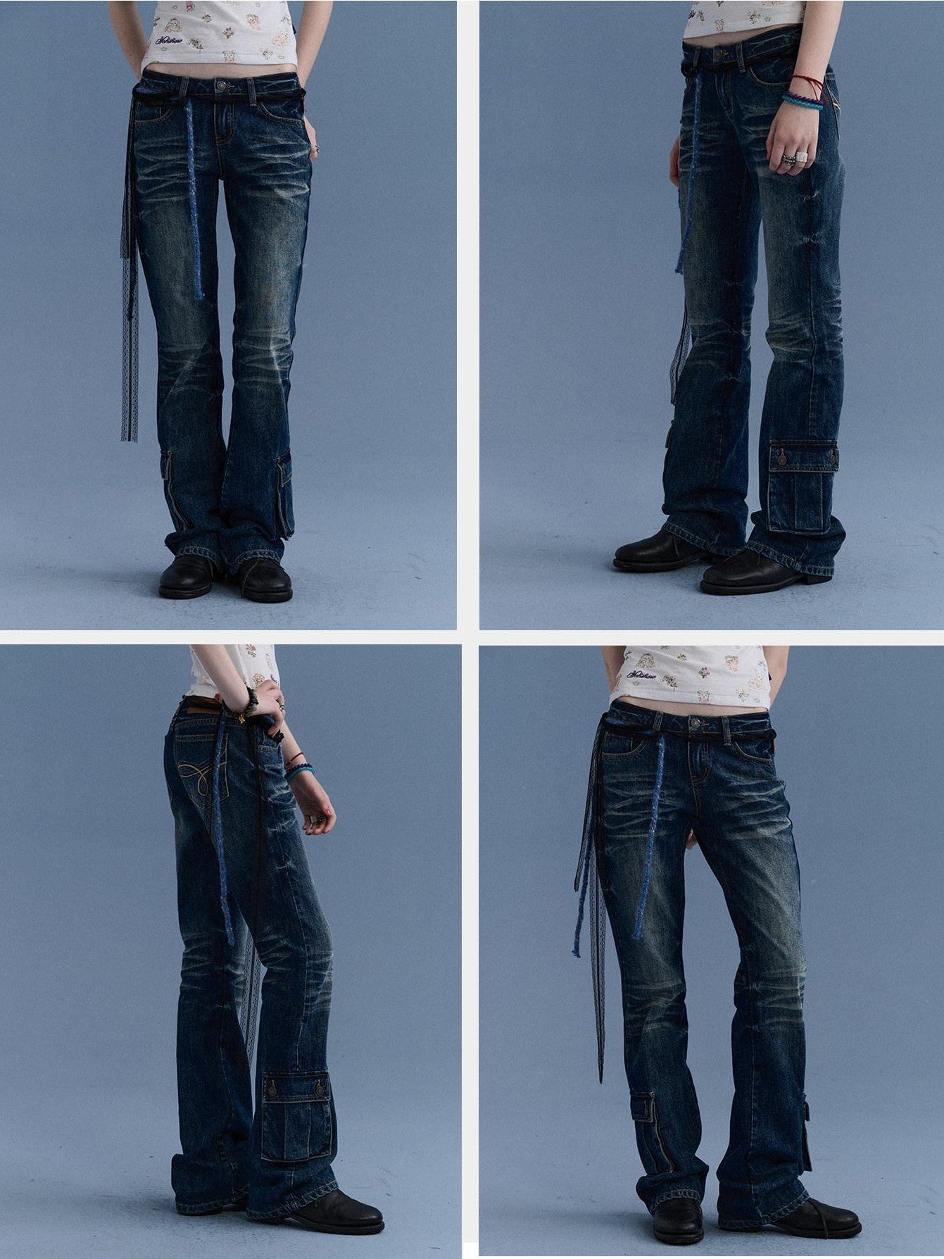 Achihara Washed Blue Distressed Low Rise Micro Flare Women&