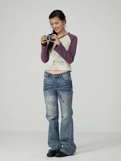 Achihara Washed Blue Low Rise Slim Fit Non Stretch Cotton Denim Letter Print Women Jeans