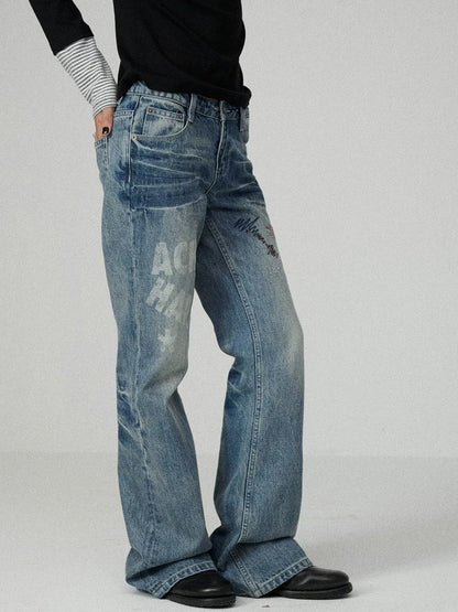 Achihara Washed Blue Low Rise Slim Fit Non Stretch Cotton Denim Letter Print Women Jeans