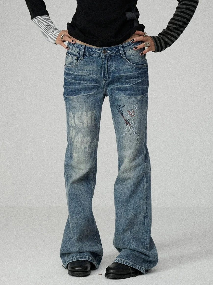 Achihara Washed Blue Low Rise Slim Fit Non Stretch Cotton Denim Letter Print Women Jeans