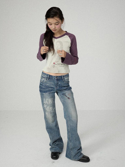 Achihara Washed Blue Low Rise Slim Fit Non Stretch Cotton Denim Letter Print Women Jeans