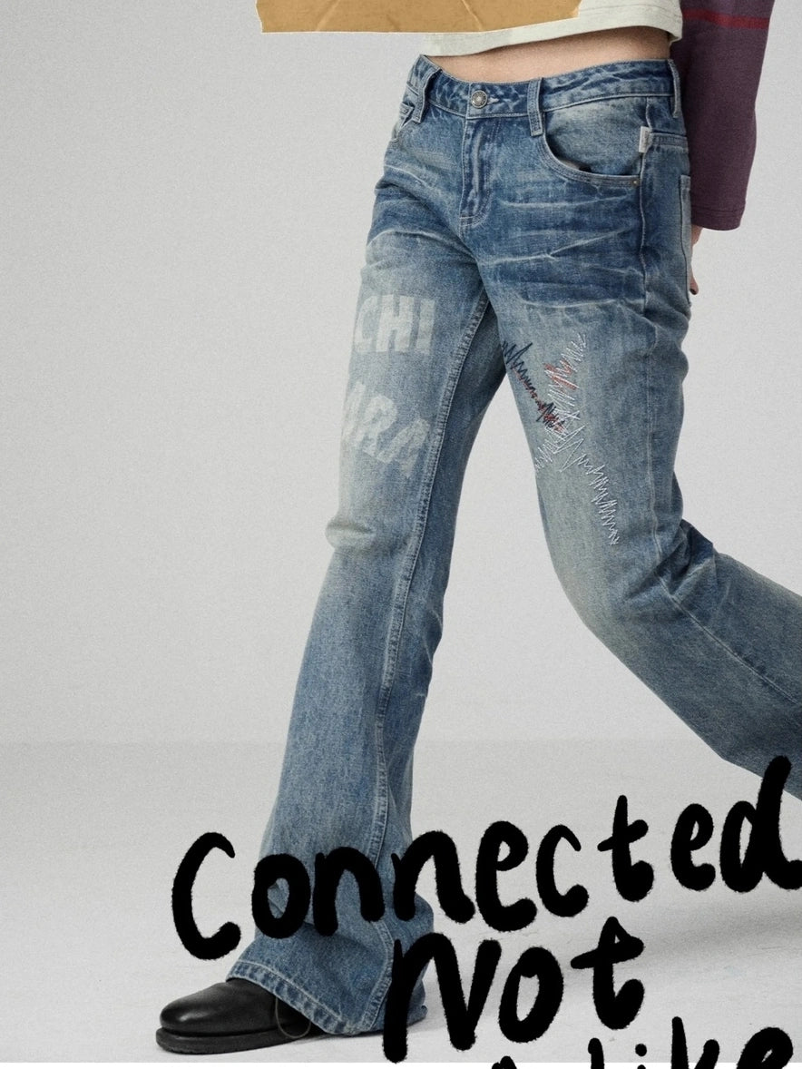 Achihara Washed Blue Low Rise Slim Fit Non Stretch Cotton Denim Letter Print Women Jeans