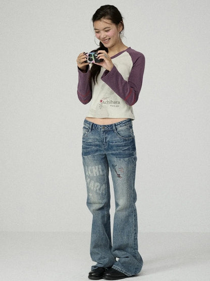 Achihara Washed Blue Low Rise Slim Fit Non Stretch Cotton Denim Letter Print Women Jeans