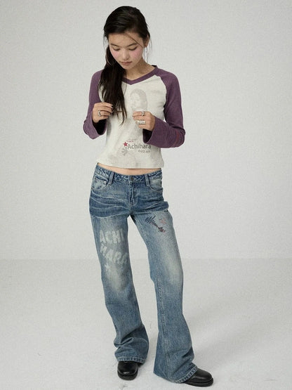 Achihara Washed Blue Low Rise Slim Fit Non Stretch Cotton Denim Letter Print Women Jeans