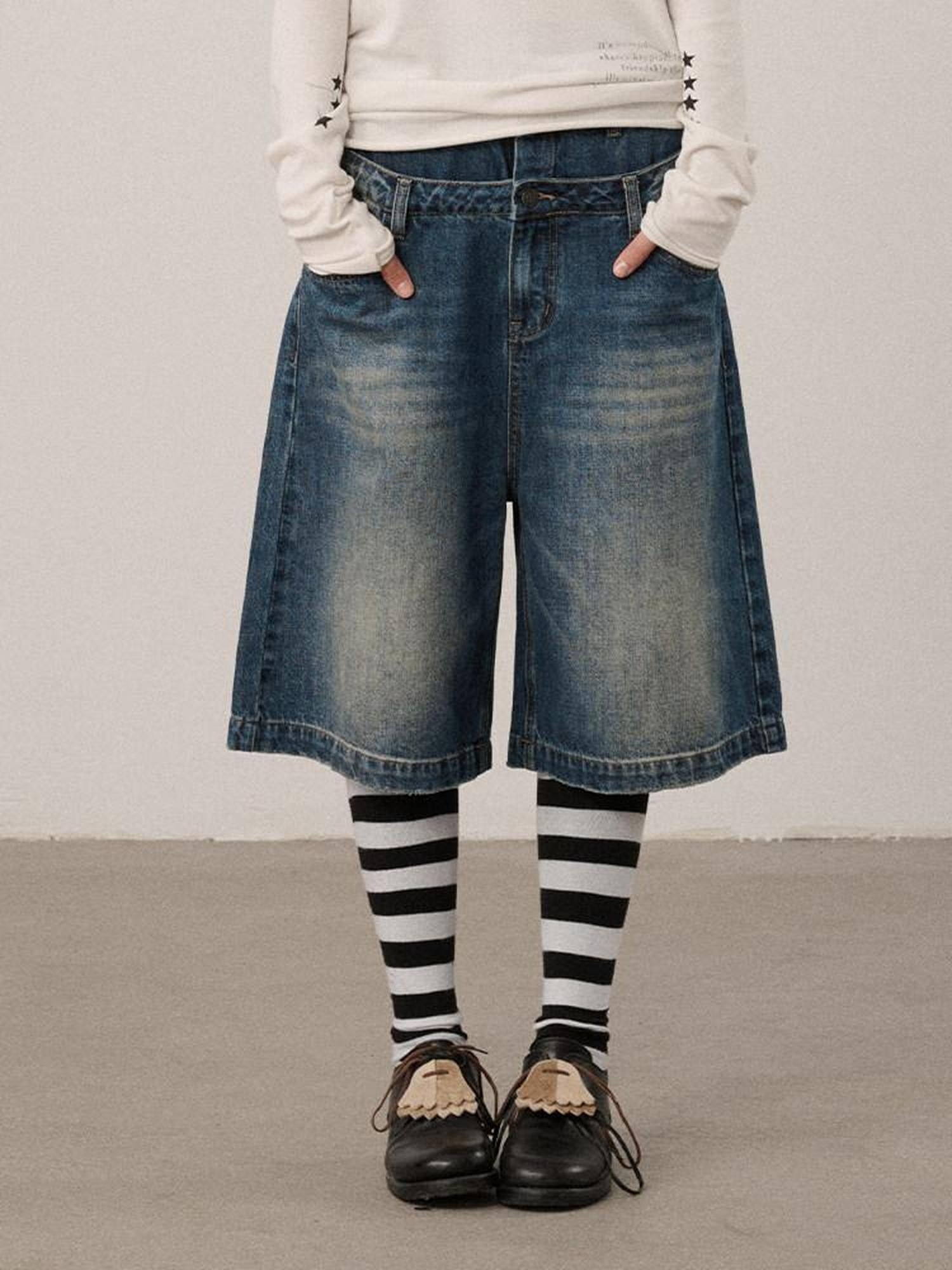 Achihara Washed Blue Rigid Denim Straight Leg Office Natural Waist Women Short Jeans