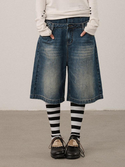 Achihara Washed Blue Rigid Denim Straight Leg Office Natural Waist Women Short Jeans