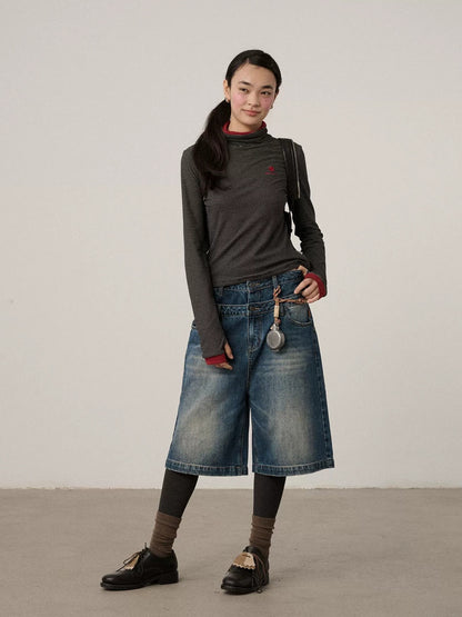 Achihara Washed Blue Rigid Denim Straight Leg Office Natural Waist Women Short Jeans