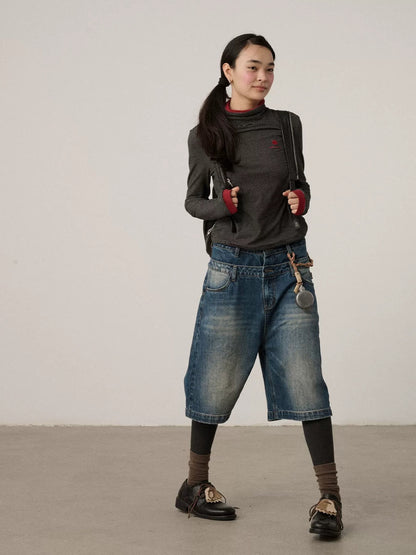 Achihara Washed Blue Rigid Denim Straight Leg Office Natural Waist Women Short Jeans