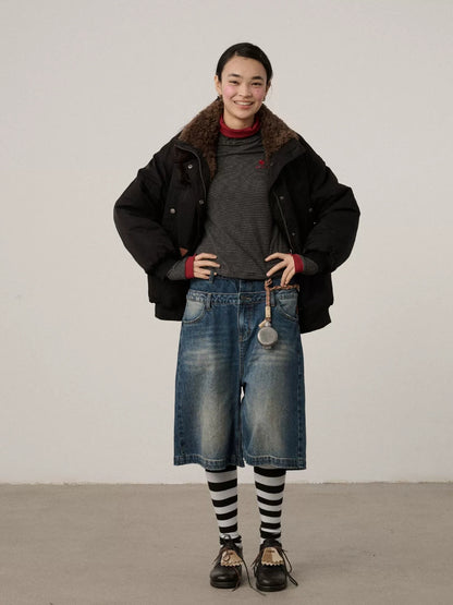 Achihara Washed Blue Rigid Denim Straight Leg Office Natural Waist Women Short Jeans