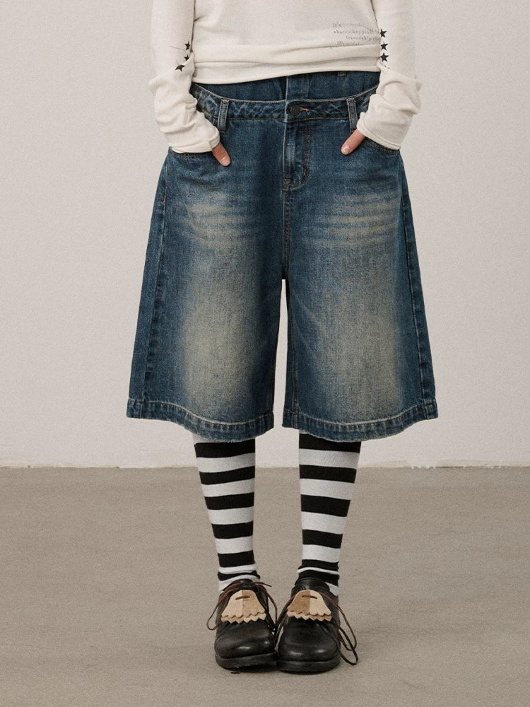 Achihara Washed Blue Rigid Denim Straight Leg Office Natural Waist Women Short Jeans-2