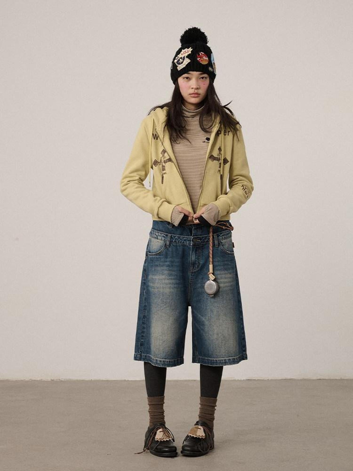 Achihara Washed Blue Rigid Denim Straight Leg Office Natural Waist Women Short Jeans