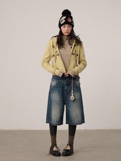 Achihara Washed Blue Rigid Denim Straight Leg Office Natural Waist Women Short Jeans