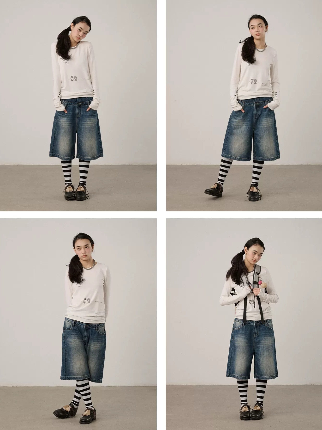 Achihara Washed Blue Rigid Denim Straight Leg Office Natural Waist Women Short Jeans