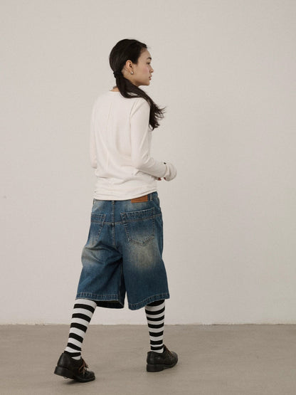 Achihara Washed Blue Rigid Denim Straight Leg Office Natural Waist Women Short Jeans